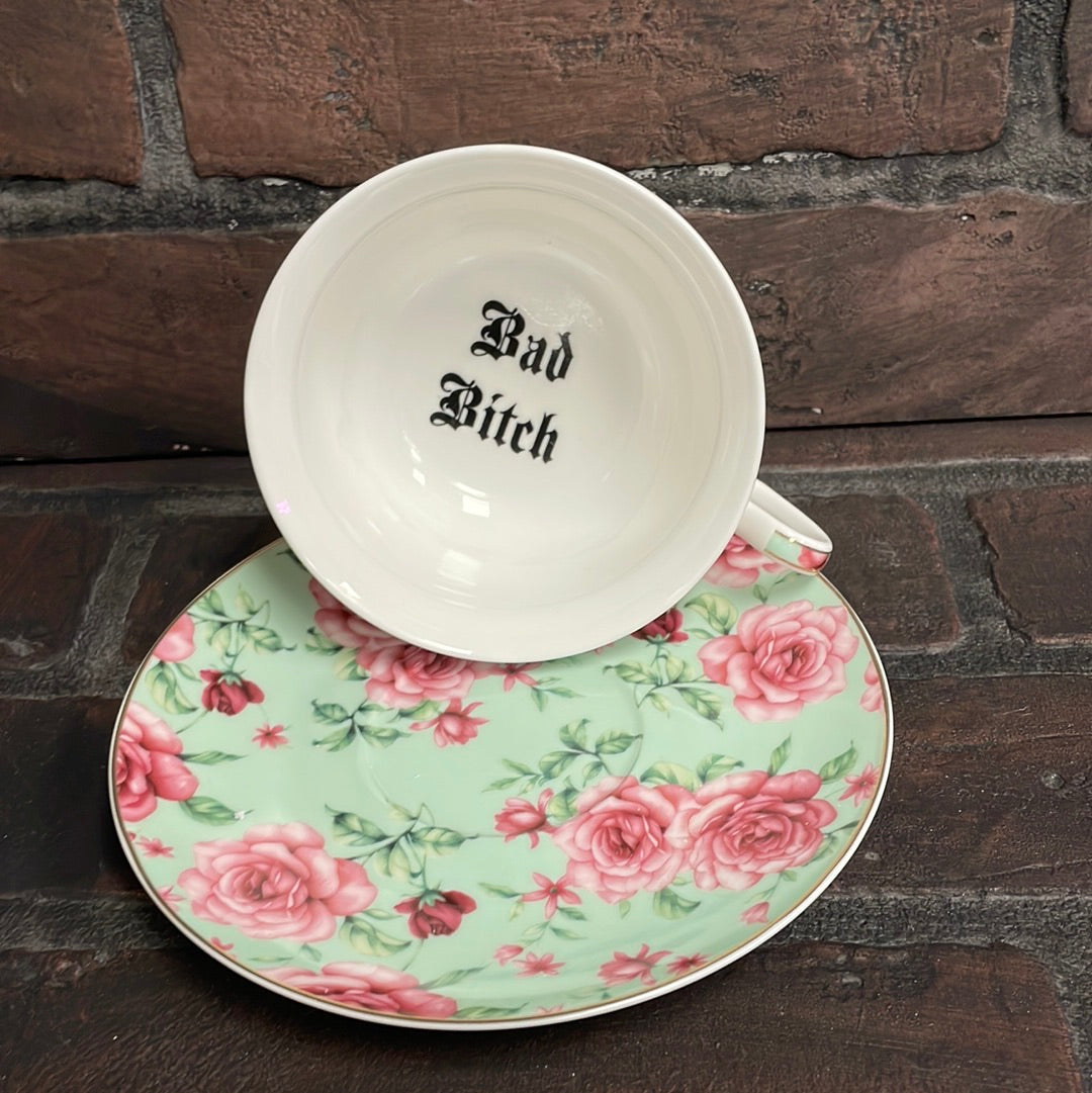 Bad Bitch, Tea cup and saucer, Light Sea Foam Floral