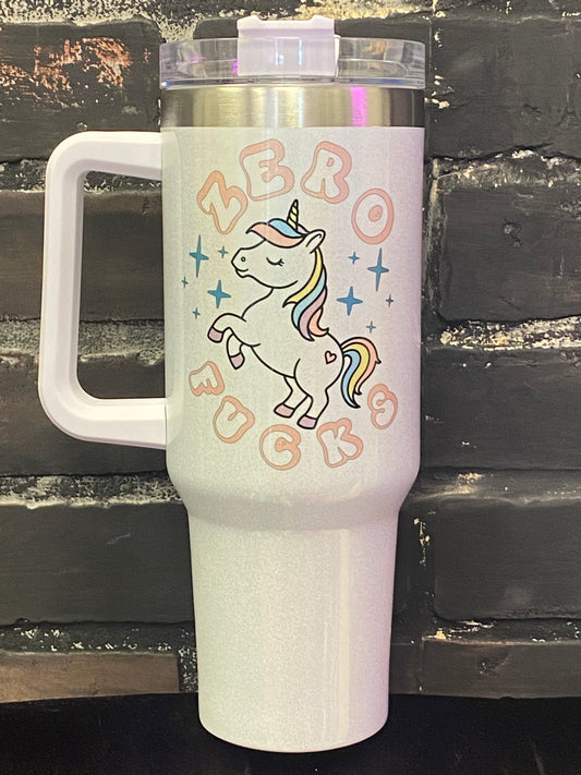 Zero Fucks, White & 40oz White Shimmer Tumbler w/handle and straw