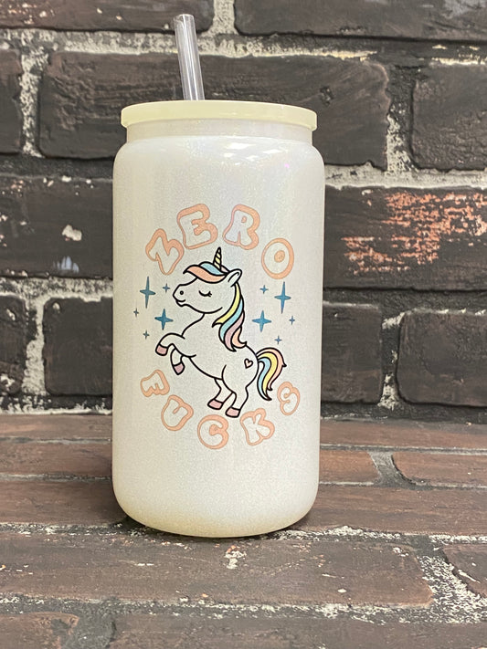 Zero Fucks, 16oz Opaque white Shimmer Glass Beer Can Tumbler with bamboo Lid and Plastic Straw