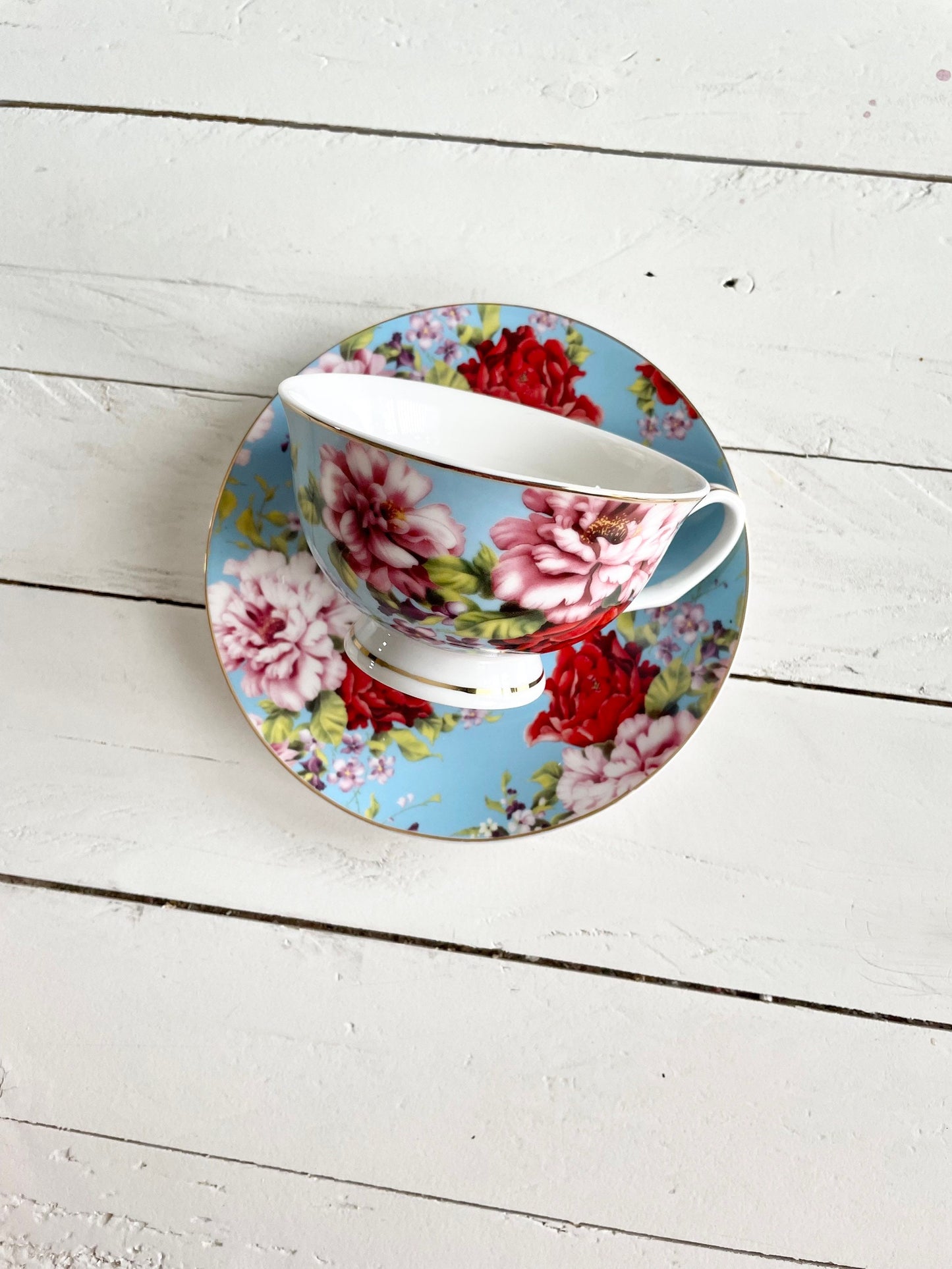 Dainty As Fuck,  Blue and Red Floral Tea cup and saucer