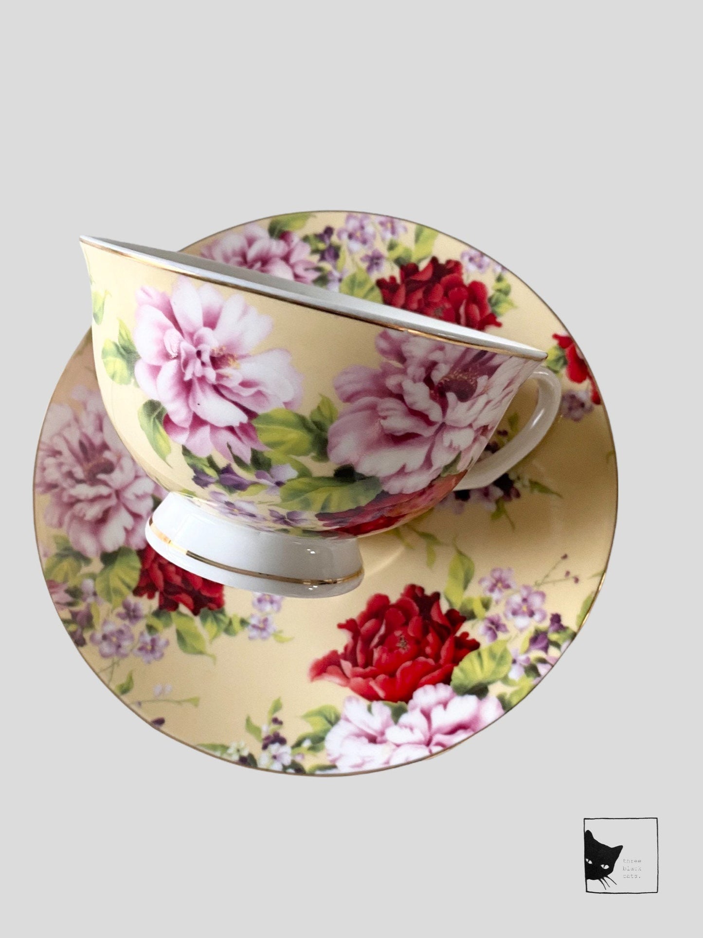 You've been Poisoned Tea Cup & Bye Saucer, Yellow and Red Rose Floral Pattern