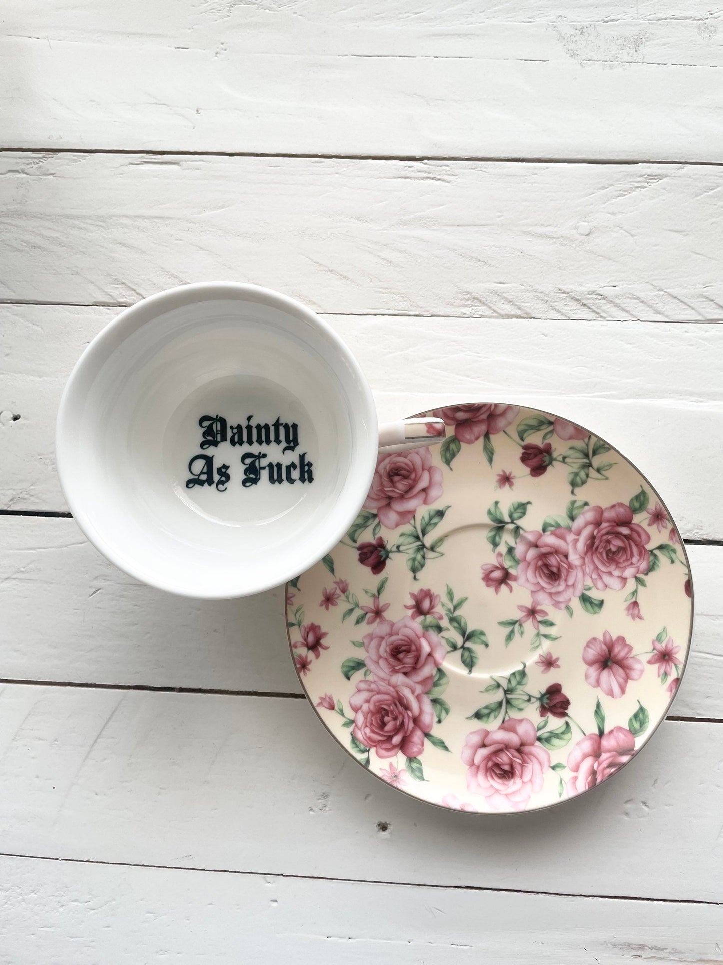 Dainty As Fuck, Light yellow and Pink tea cup and saucer