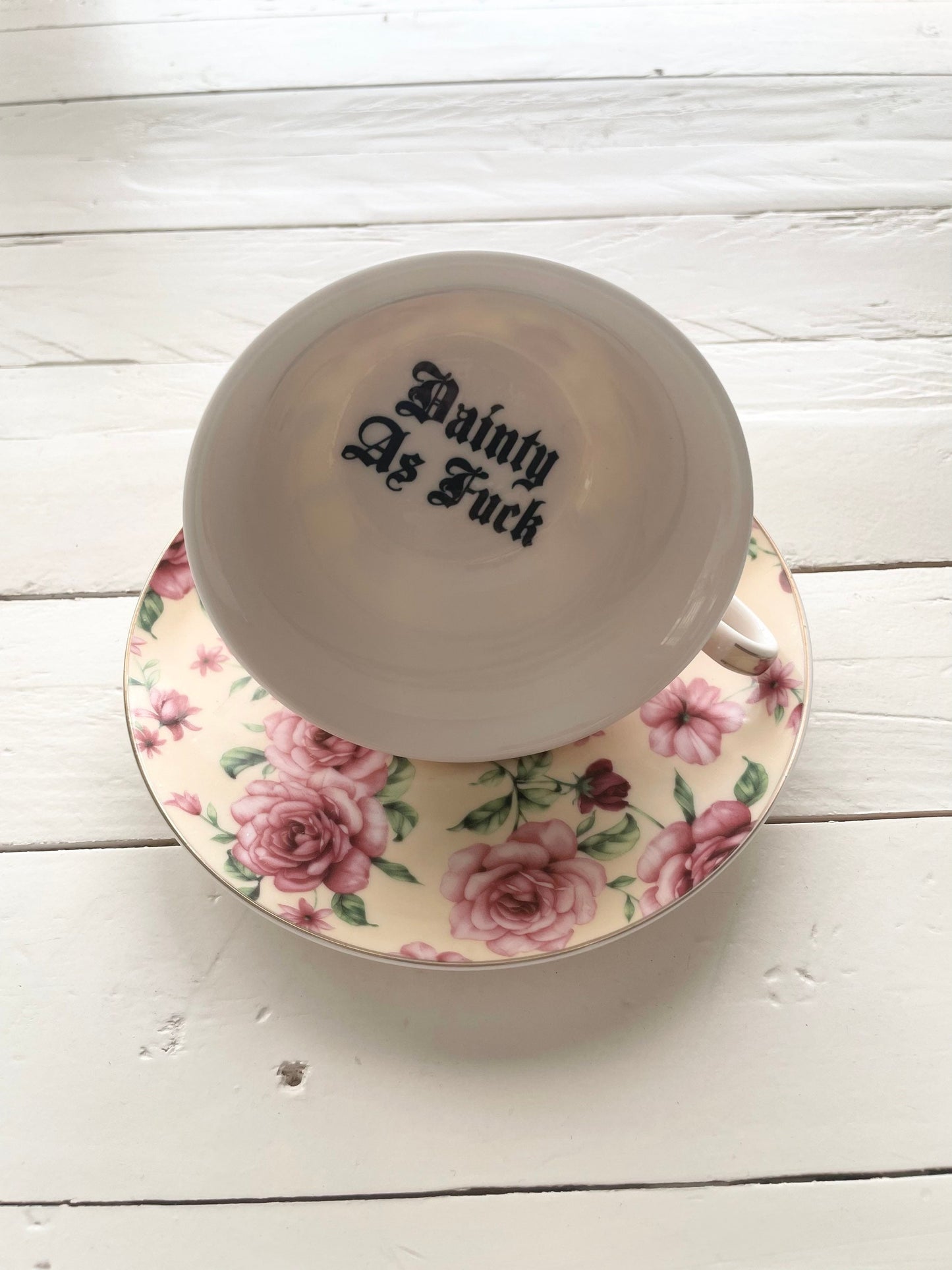 Dainty As Fuck, Light yellow and Pink tea cup and saucer