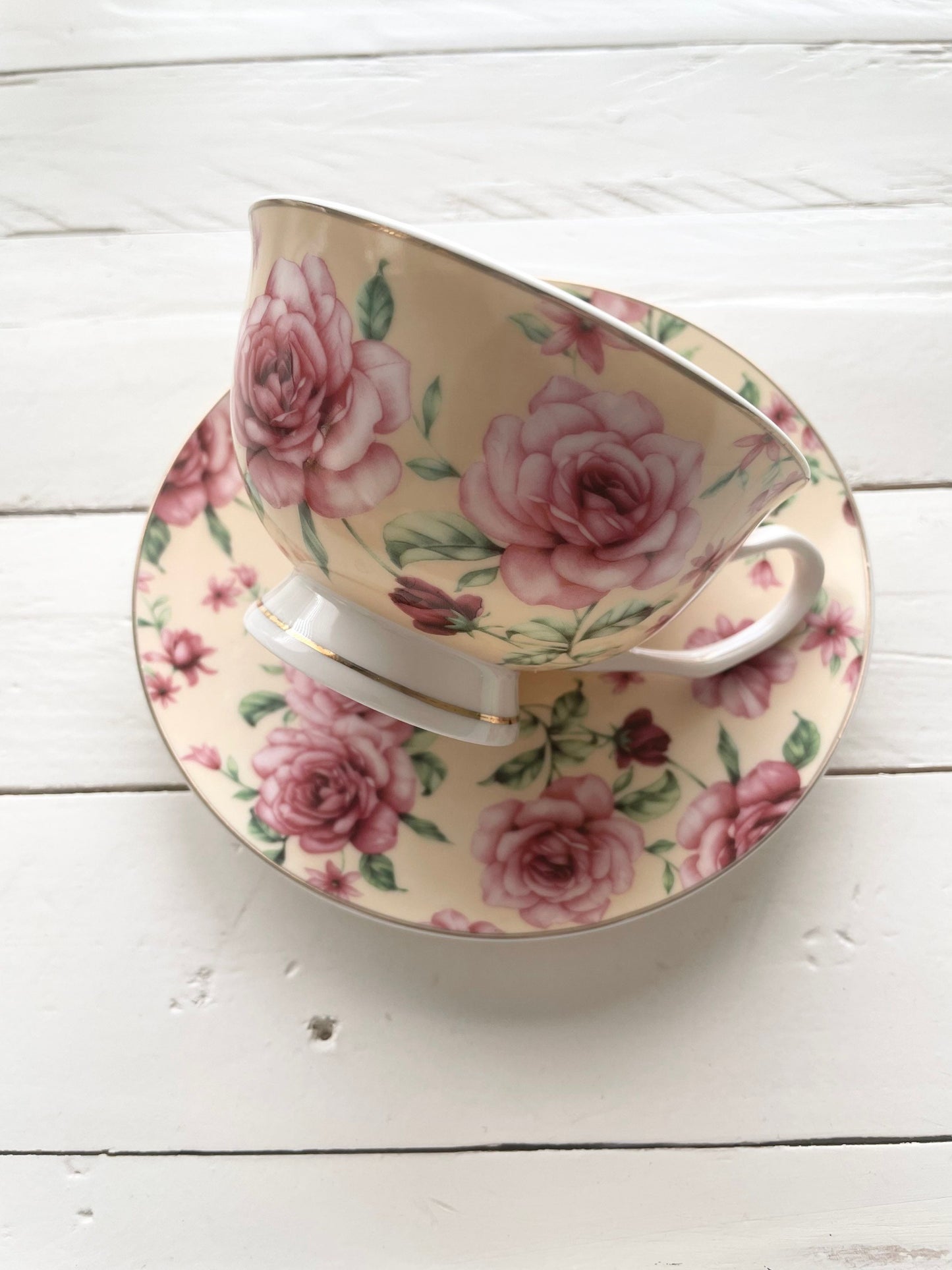 Dainty As Fuck, Light yellow and Pink tea cup and saucer