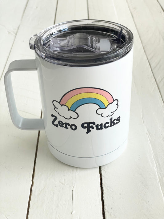 Zero Fucks, Rainbow, 12oz Camp Style Insulated Mug with Handle & Leak Proof Lid