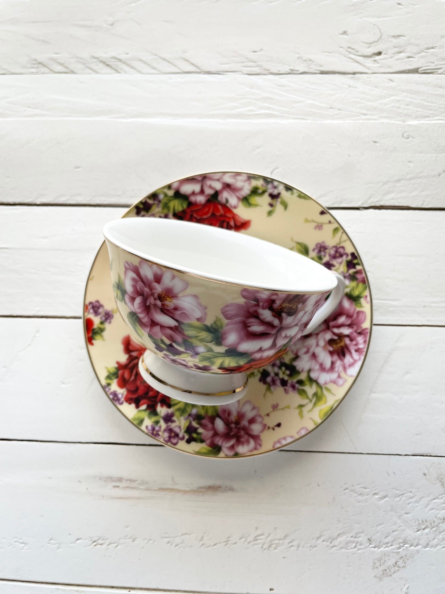 Bad Bitch, Tea cup and saucer, Yellow and Red Floral