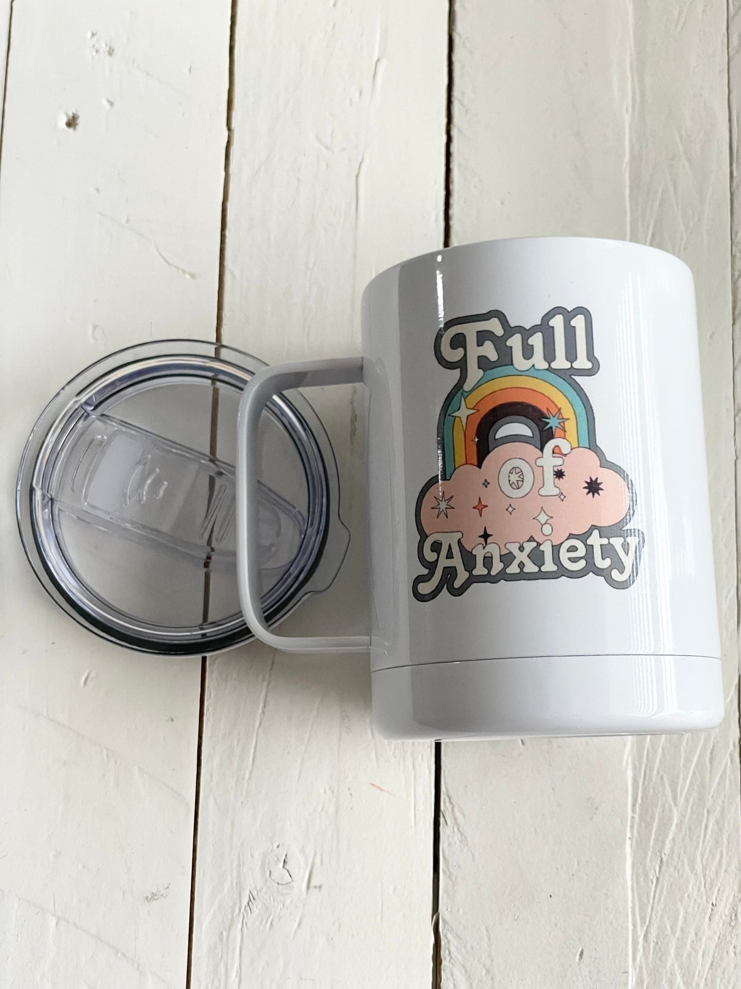 Full of Anxiety, 10oz Camp Style Insulated Mug with Handle & Leak Proof Lid