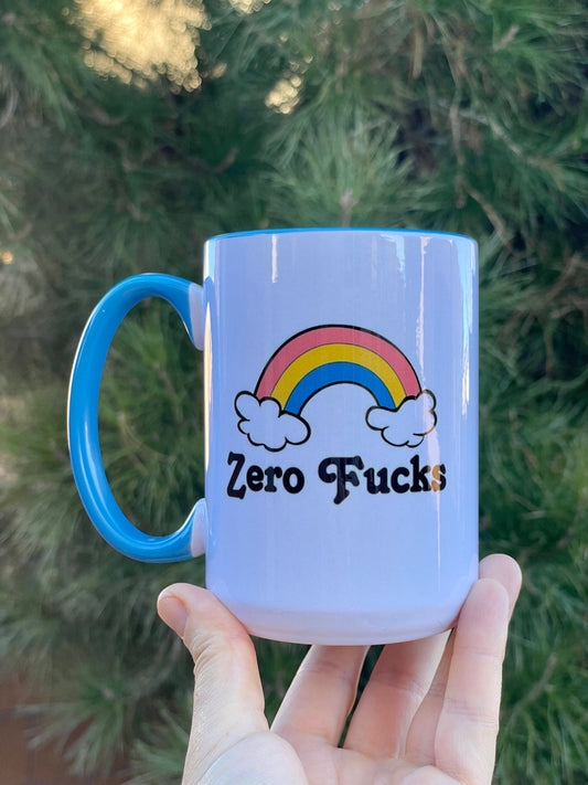 Zero Fucks, Double sided Blue inner & Handle 15oz dishwasher safe Coffee Mug