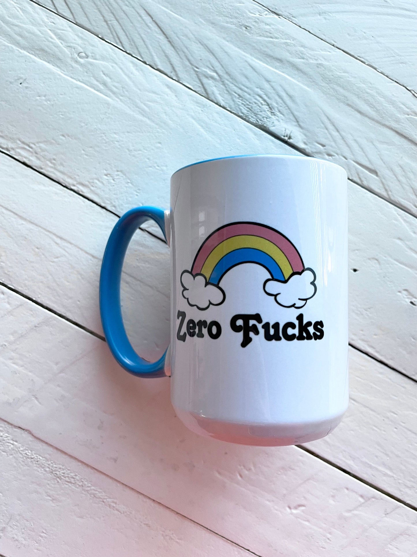 Zero Fucks, Double sided Blue inner & Handle 15oz dishwasher safe Coffee Mug