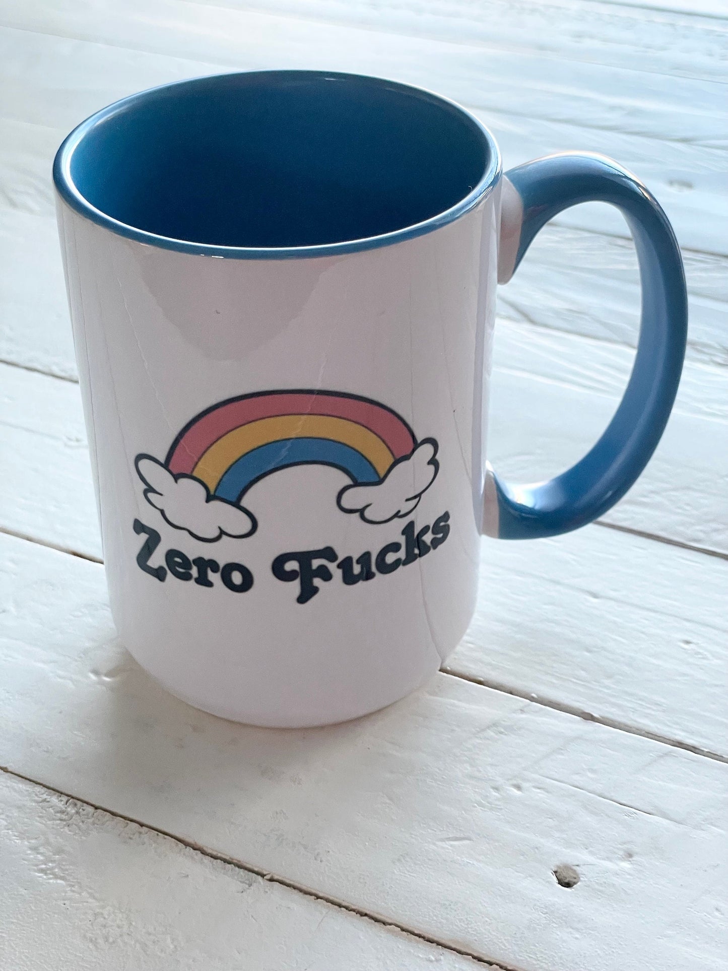Zero Fucks, Double sided Blue inner & Handle 15oz dishwasher safe Coffee Mug
