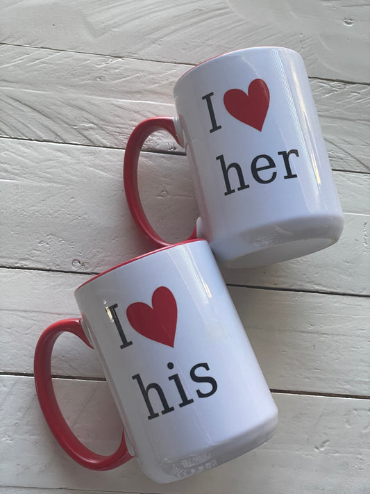 I heart his cock or I heart her pussy, Double sided Red inner & Handle 15oz dishwasher safe Coffee Mug