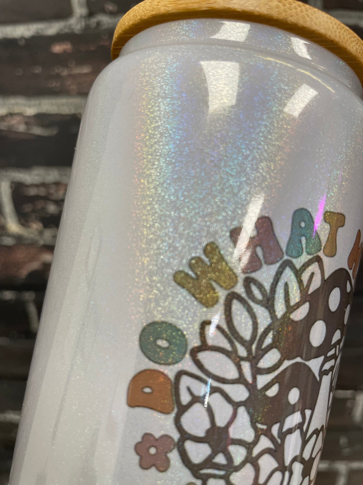Do what makes you happy Mushrooms, 16oz Opaque Gray Shimmer Glass Beer Can Tumbler with bamboo Lid and Plastic Straw