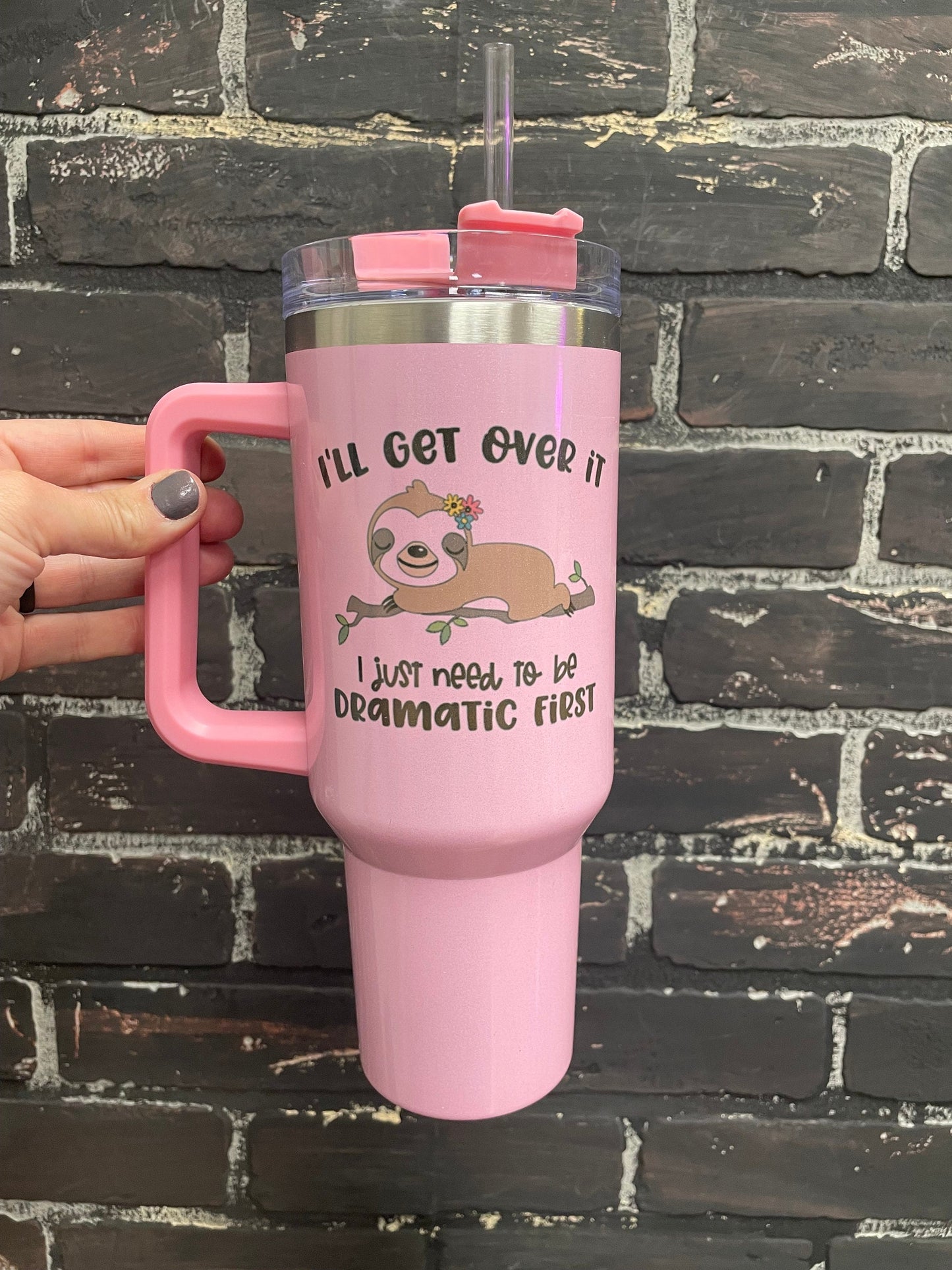 I’ll get over it but I’m going to be dramatic first, Pink Sloth 40oz Shimmer Tumbler w/handle and straw