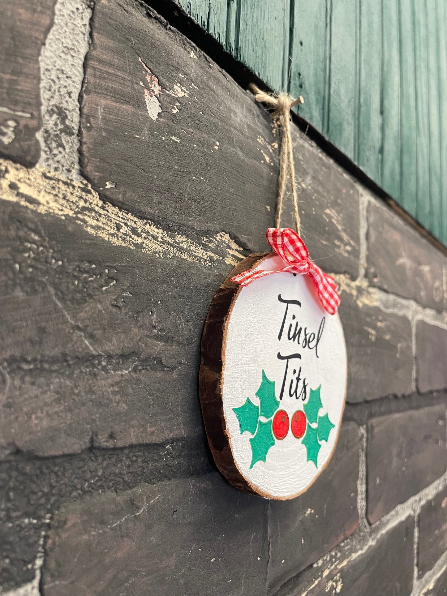 Tinsel Tits,  Real Wood Slice Christmas Ornament