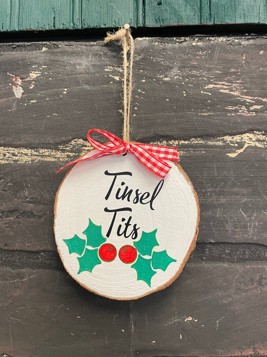 Tinsel Tits,  Real Wood Slice Christmas Ornament