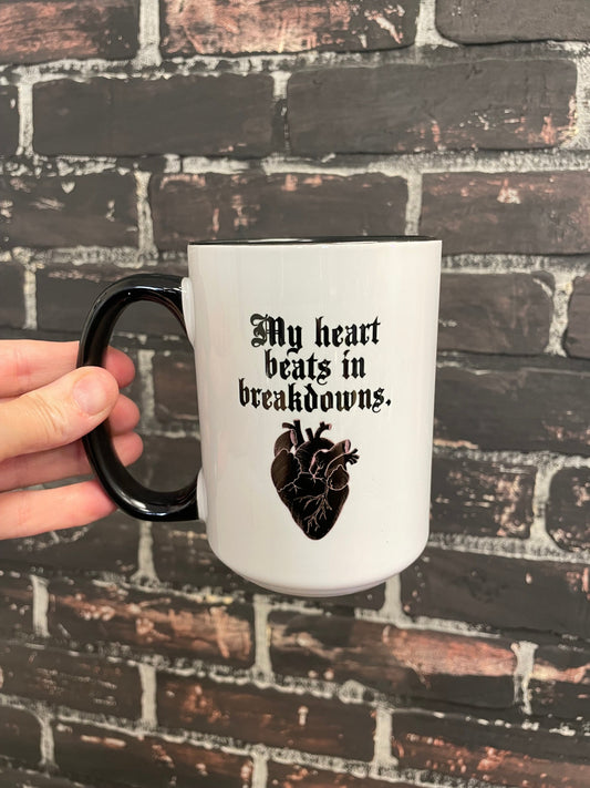 My heart beats in breakdowns, Double sided 15oz dishwasher safe Coffee Mug