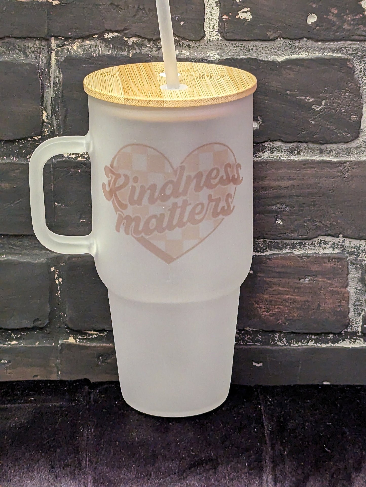 Kindness Matters, 32oz Frosted Glass Tumbler w/handle and straw