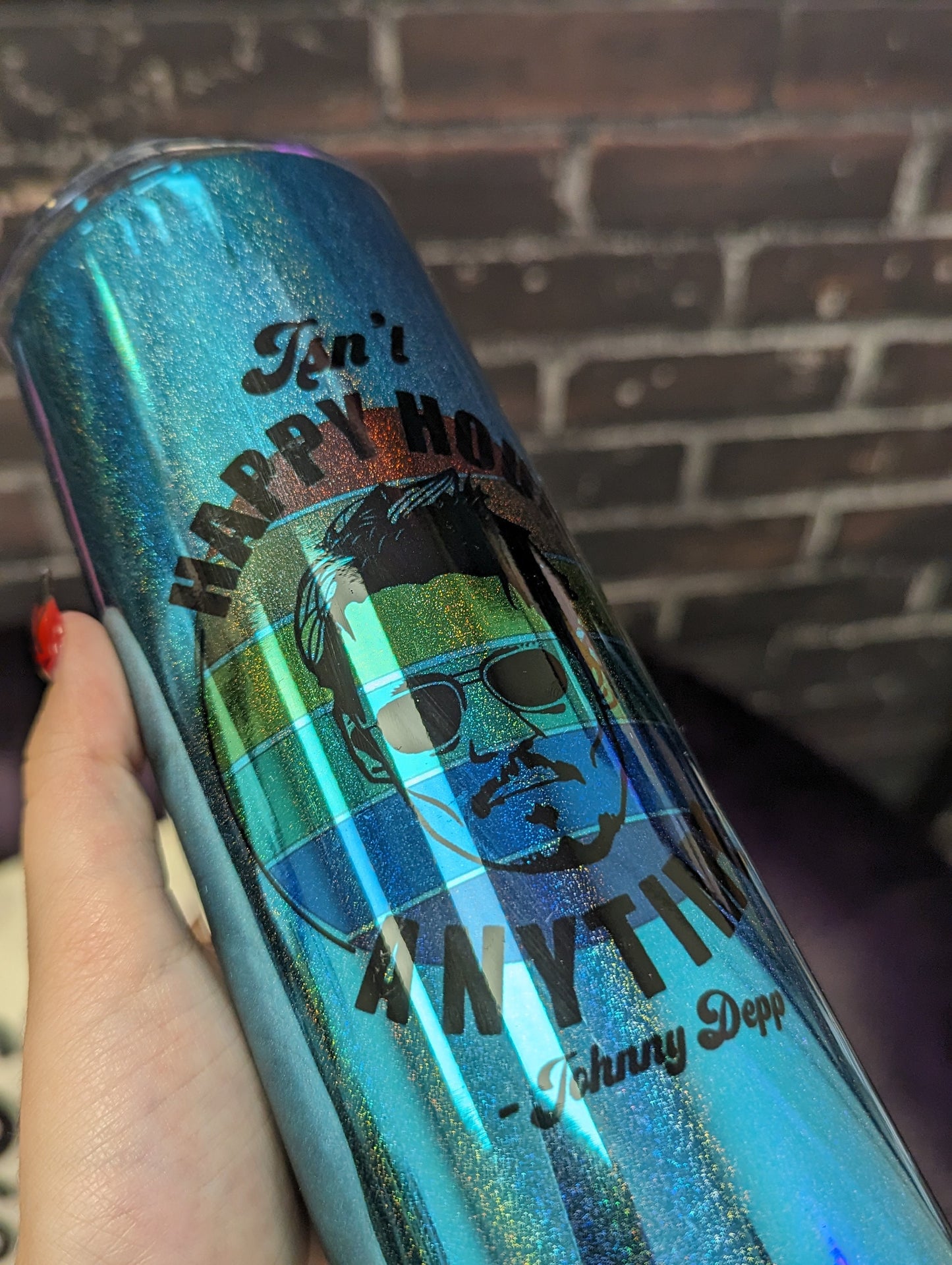 Isn't Happy Hour Anytime? Johnny Depp, Blue Holographic 20oz Travel Coffee Mug
