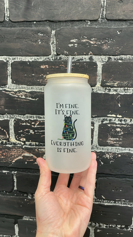 I’m fine. It’s fine. Everything is fine, Black cat Christmas tumbler,16oz frosted Glass Beer Can Tumbler with bamboo Lid and Straw