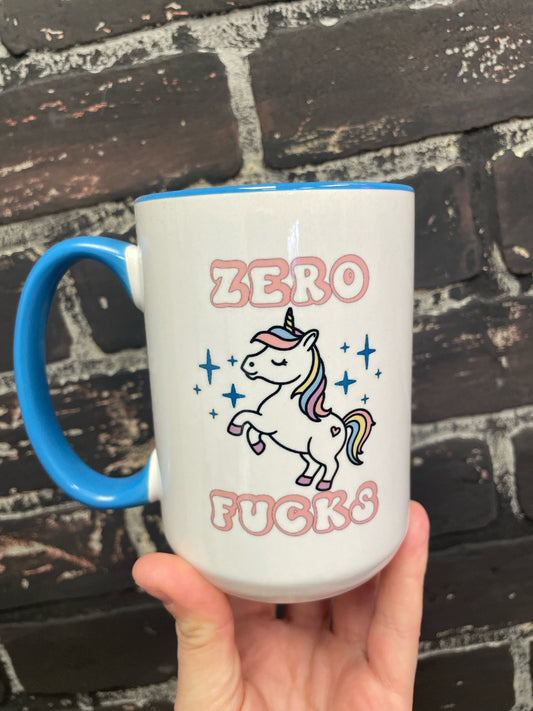 Zero Fucks Unicorn, Double sided 15oz dishwasher safe Coffee Mug