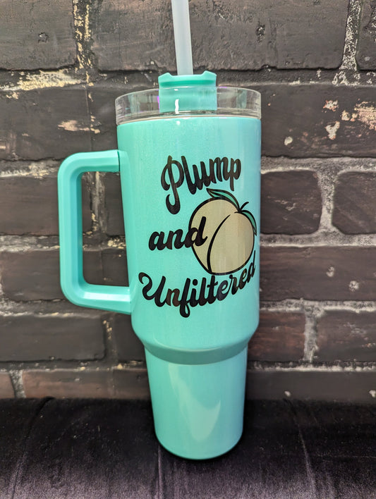 Plump and Unfiltered, 40oz Green Shimmer Tumbler w/handle and straw